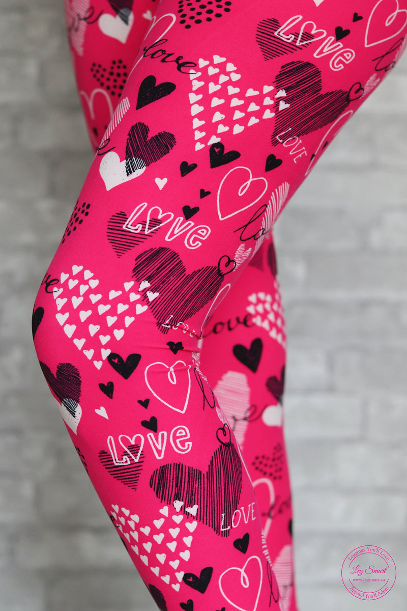 Valentines Day Hearts love gift cute gift for him or her gender neutral  pink black red heart pattern Leggings by CharlotteWinter