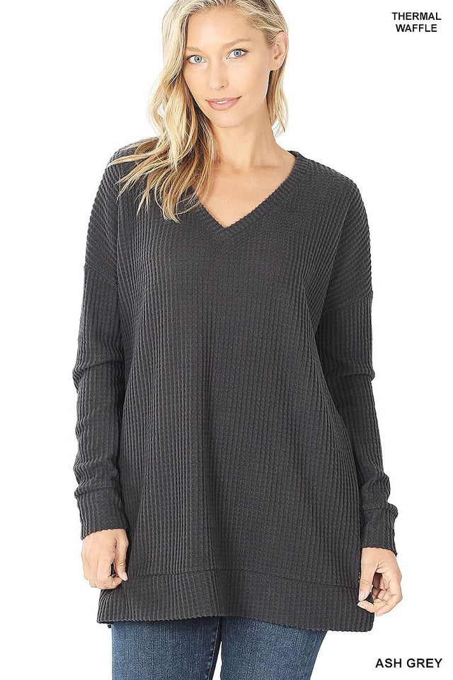 womens ash grey waffle knit thermal top