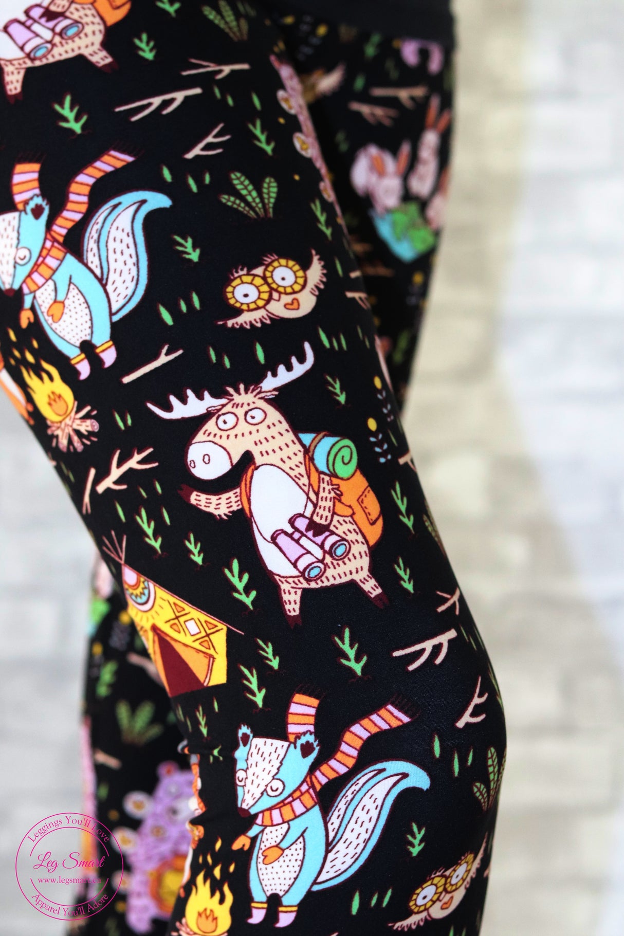 Black capri leggings with camping moose, owls and squirrels