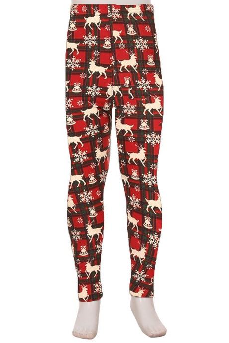 Plaid printed leggings with fun reindeer