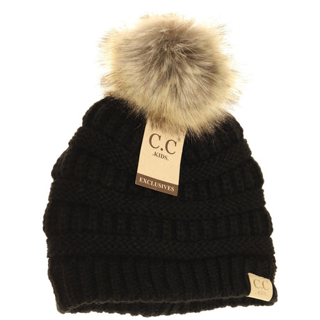 black kids winter hat with pom pom